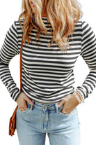 Striped Print Textured Knit Long Sleeve Tee