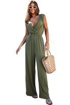 Deep V Pleated Crisscross Wide Leg Backless Jumpsuit