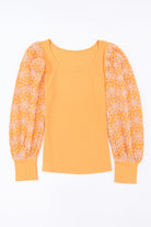 Flower Puff Sleeve Ribbed Knit Top