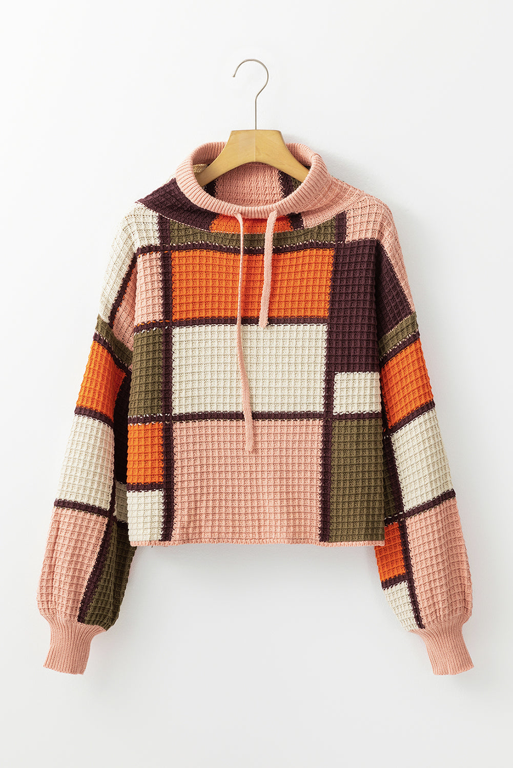 Color Block Waffle Knit Drawstring Mock Neck Sweater