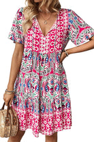 Bohemian Print Tie Neck Ruffle Hem Short Dress