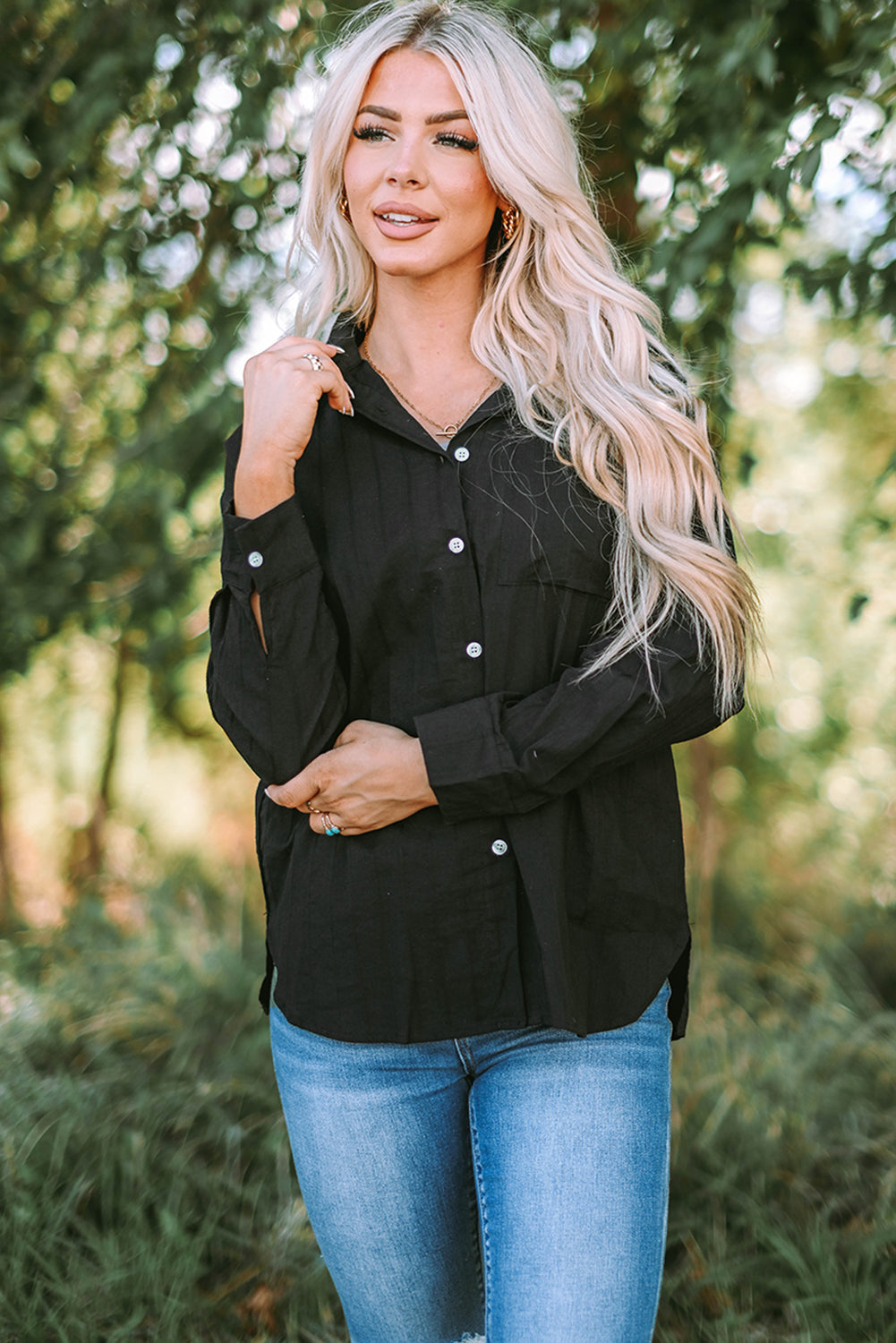 Textured Buttoned Pocket Long Sleeve Shirt