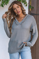 Gray V Neck Ribbed Drop Shoulder Hooded Sweater