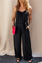 Textured Belted Wide Leg Sleeveless Jumpsuit