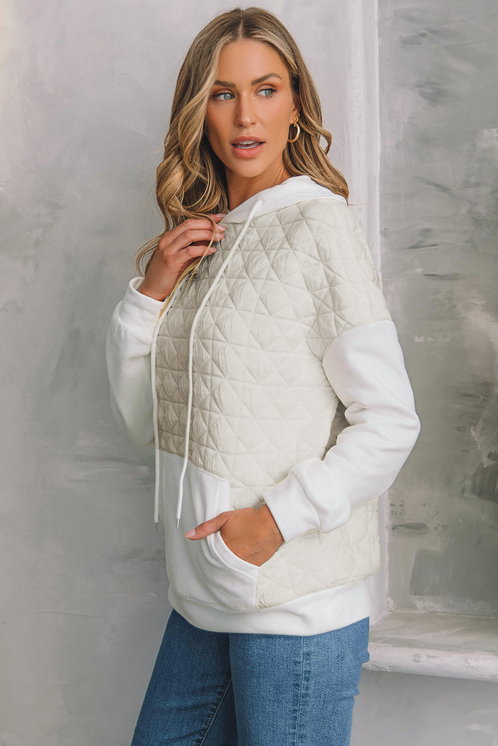 Drop Shoulder Quilted Patchwork Kangaroo Pocket Hoodie