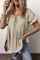 Crinkle Embroidered Patched Bubble Sleeve Tied Neck Blouse