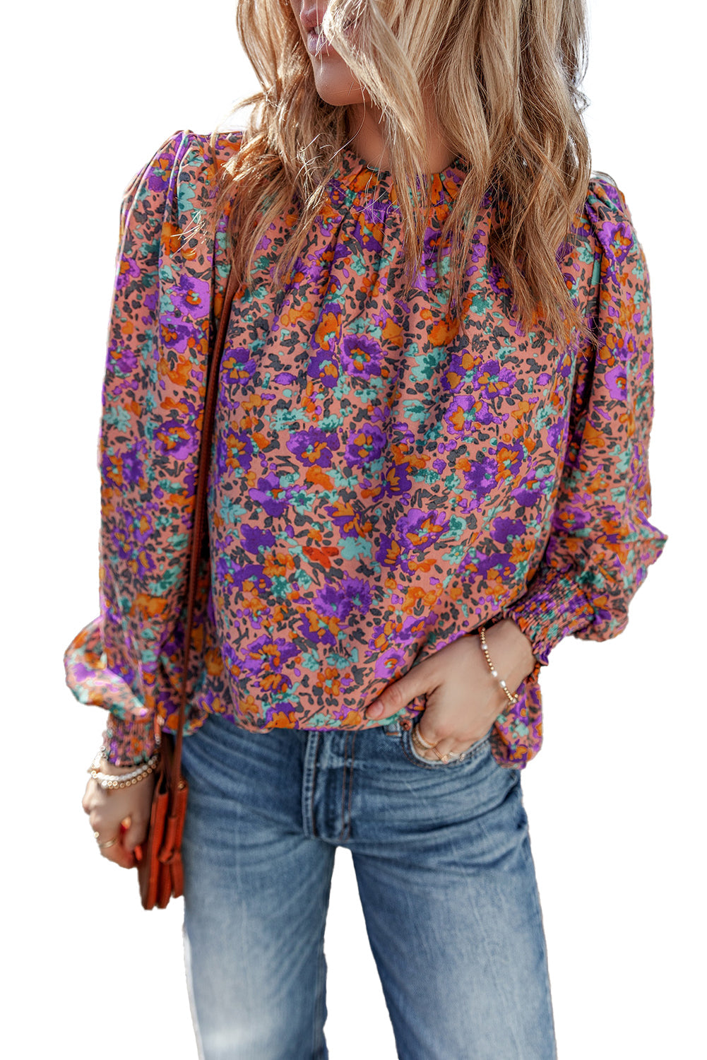 Floral Allover Print Shirred Cuff Frilled O Neck Blouse