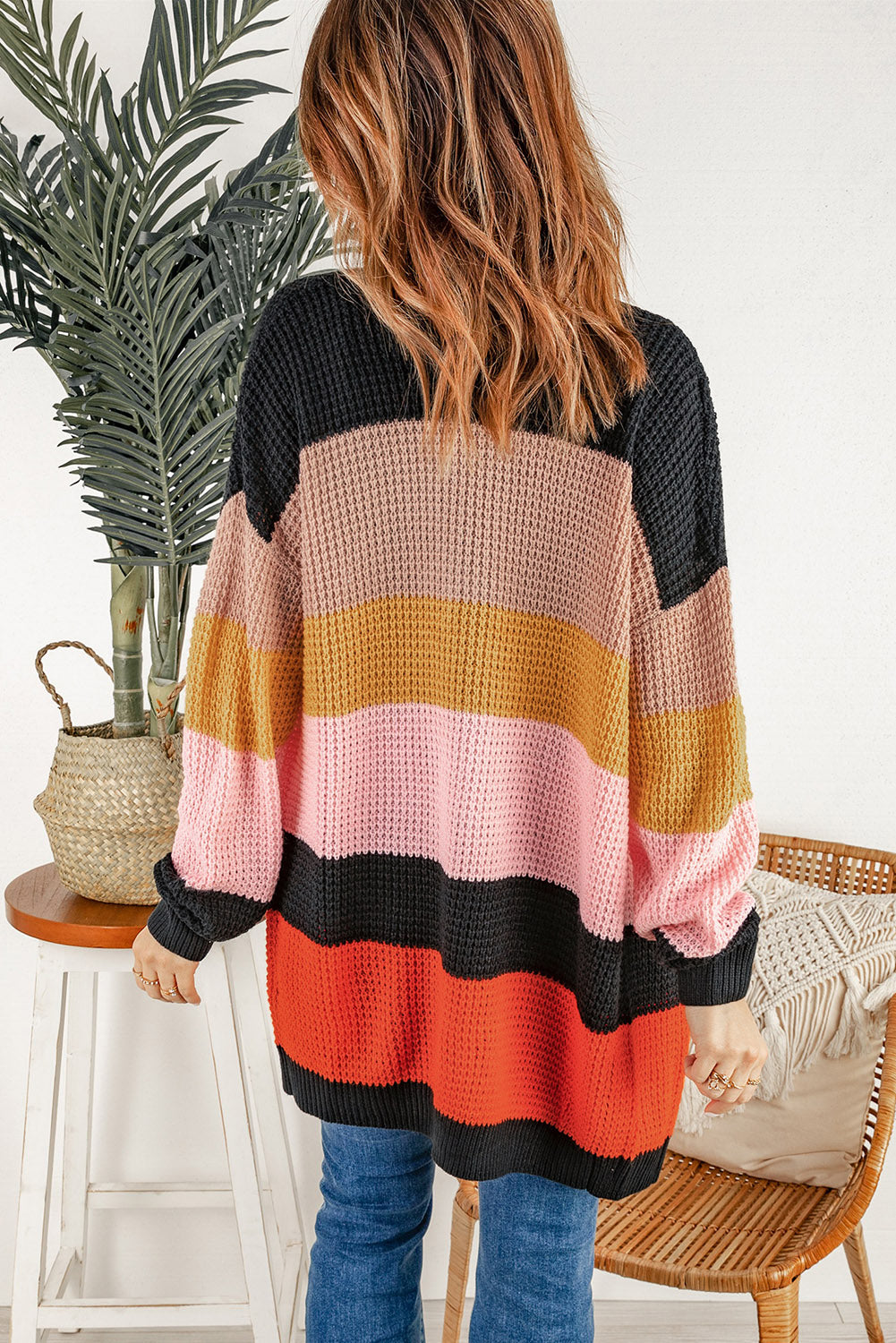 Multicolor Waffle Knit Color Block Open Front Cardigan