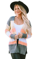 Multicolor Color Block Striped Pocketed Open Cardigan