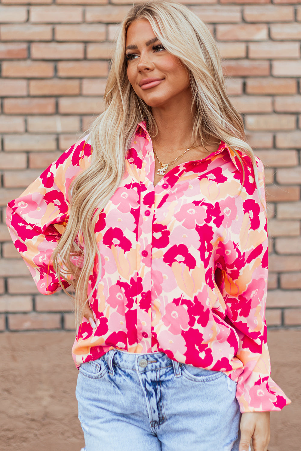 Blooming Floral Print Puff Sleeve Buttoned Shirt