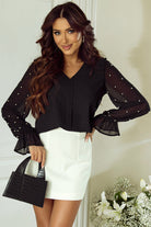 Pearl Mesh Flounce Sleeve V Neck Blouse