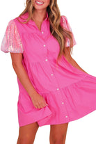 Sequined Bubble Sleeve Tiered Ruffled Shirt Dress