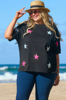 Sequin Chenille Star Pattern Plus Size Tee