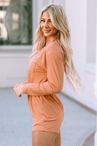 Orange Ribbed Drawstring Waist Long Sleeve Romper