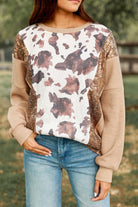 Abstract Print Sequin Patch Pullover Top