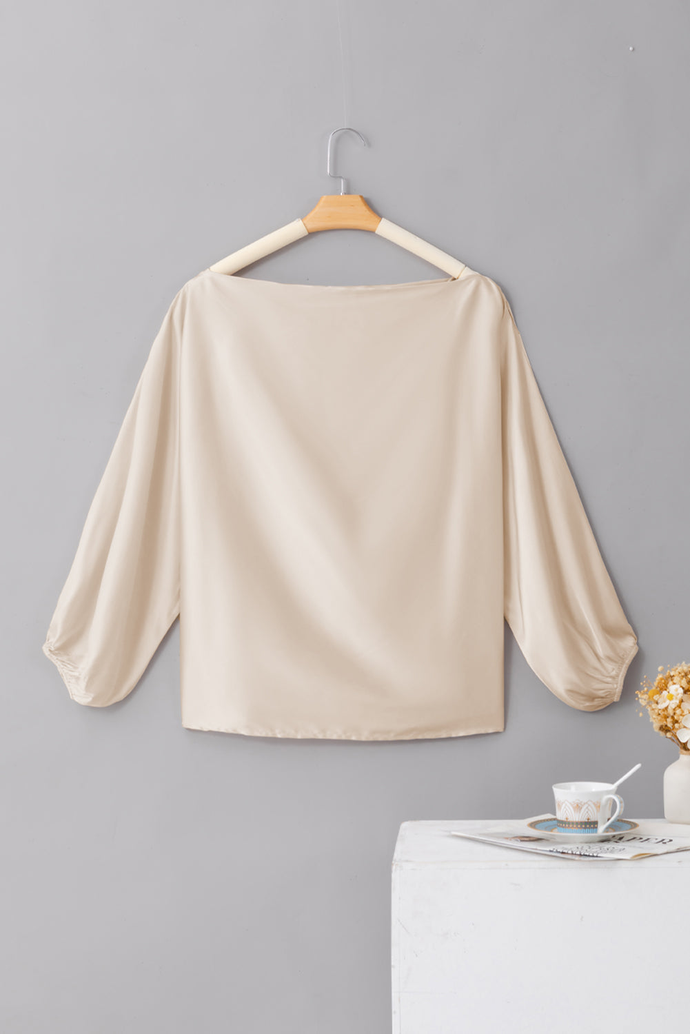 Asymmetrical Neck Balloon Sleeve Satin Blouse