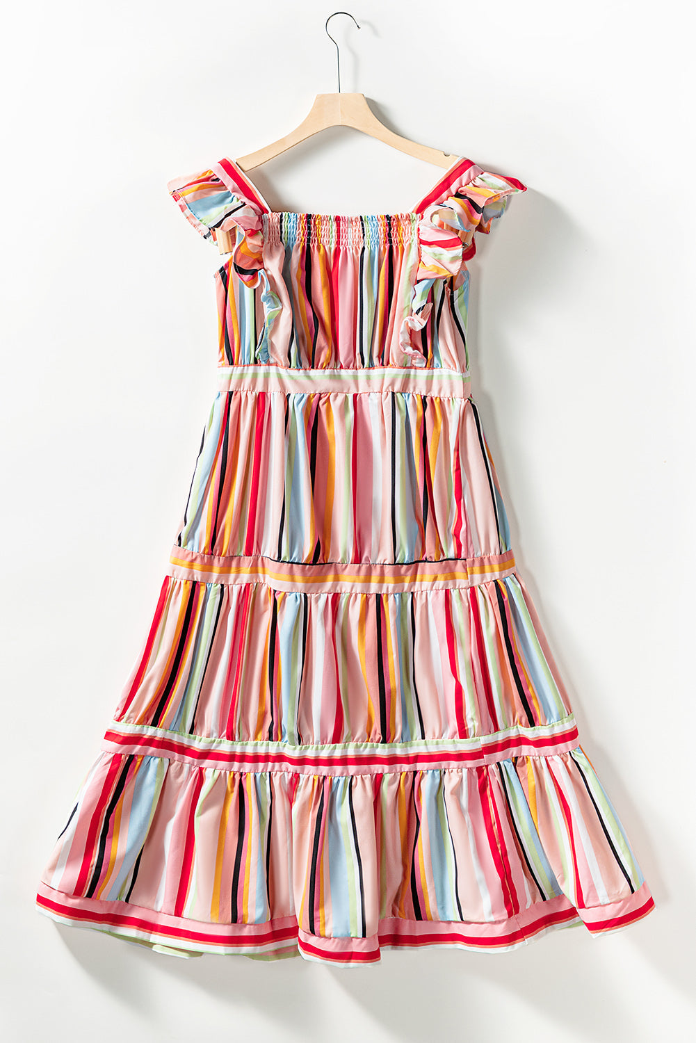 Rainbow Stripe Ruffles Ruched Tiered Dress