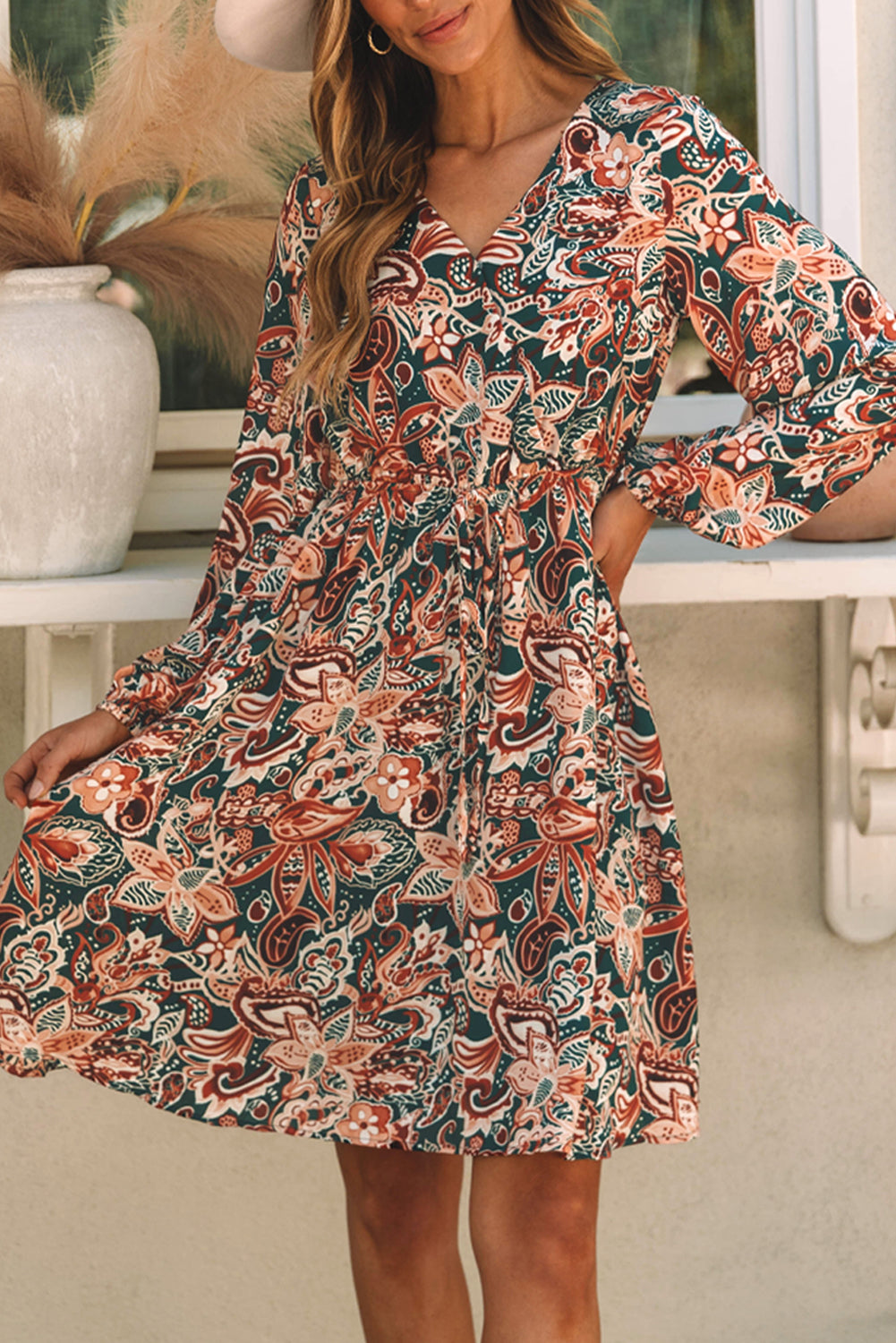 Geometric Print Long Sleeve Surplice Flowy Dress