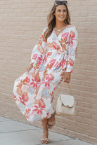 Tropical Plant Print Long Sleeve Wrap V-Neck Slit Maxi Dress