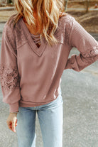 Lace Waffle Patchwork Strappy V Neck Long Sleeve Top