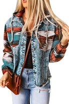 Aztec Print Frayed Hem Denim Jacket