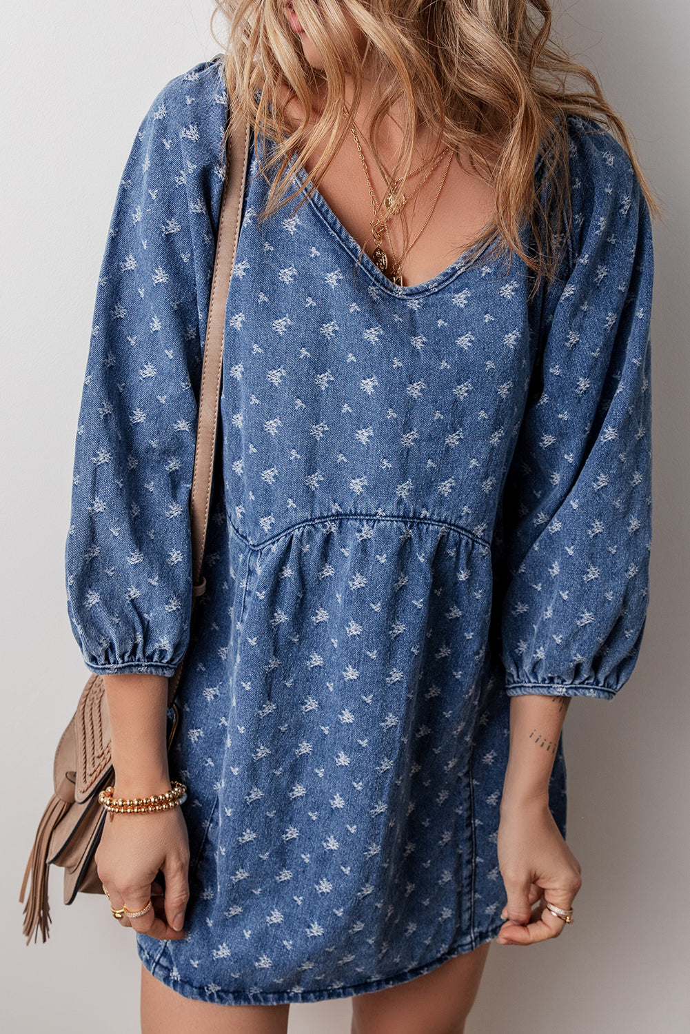 Textured Open Back Loose Fit Denim Dress