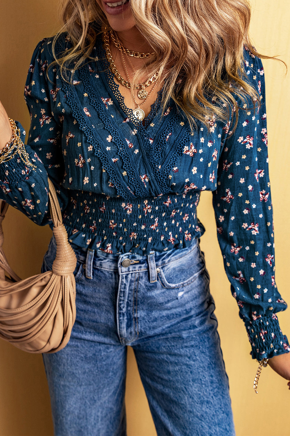 Lace Trim V Neck Floral Smocked Long Sleeve Blouse