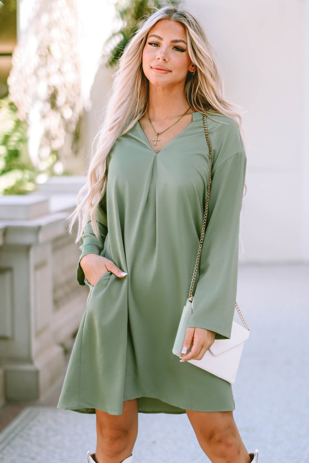 Roll-tab Sleeve Flowy Casual Dress