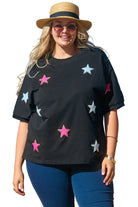 Sequin Chenille Star Pattern Plus Size Tee