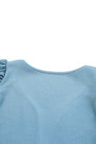 Sky Blue Ribbed Knit V Neck Ruched Sleeve Top