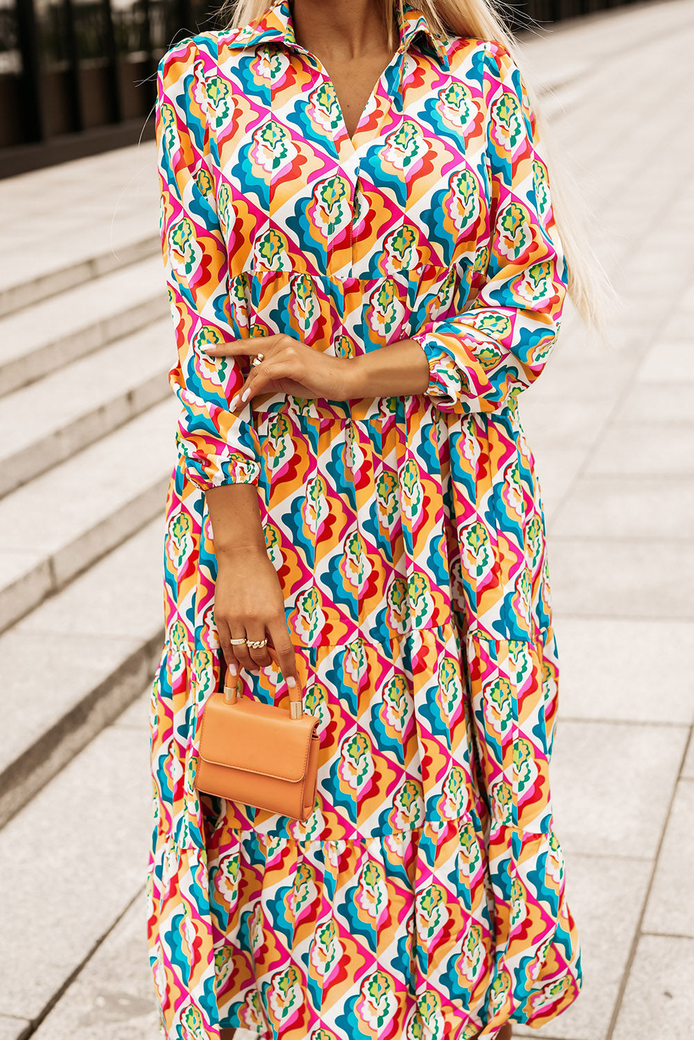 Abstract Geometric Print Long Sleeve High Waist Dress