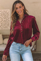 Frilled Neck Buttoned Front Velvet Top