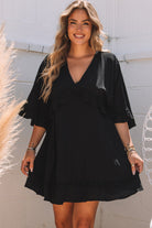 Ruffled 3/4 Sleeve V Neck Babydoll Mini Dress