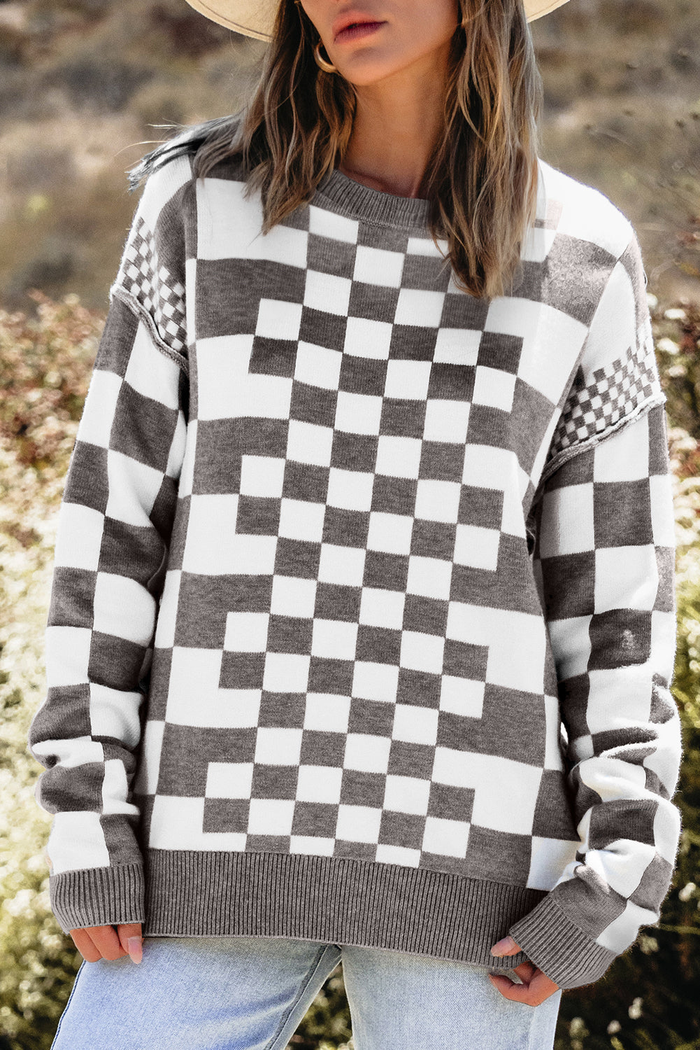 Checkered Print Drop Shoulder Round Neck Sweater