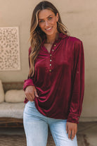 Frilled Neck Buttoned Front Velvet Top