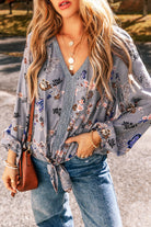 Floral Print Lace Patchwork Knot Front V Neck Blouse