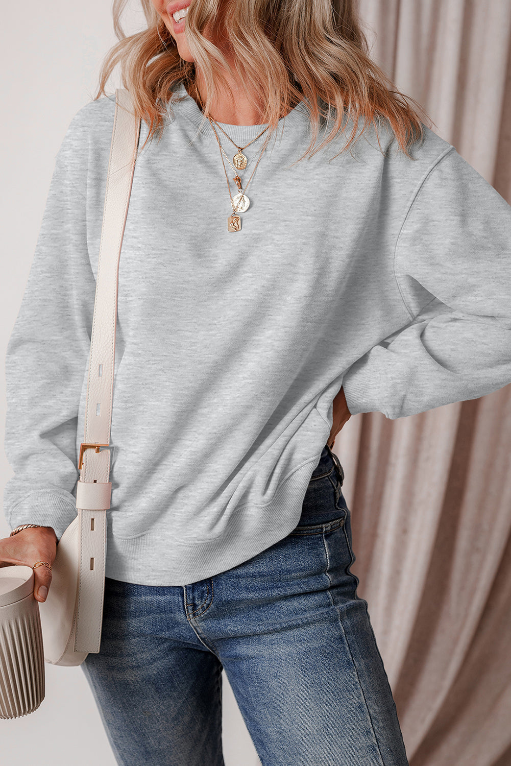 Solid Fleece Lined Drop Shoulder Terry Sweatshirt