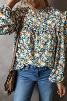 Floral Print Frilled Mock Neck Puff Sleeve Blouse