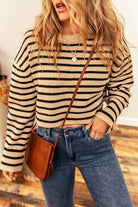 Striped Knit Drop Shoulder Crewneck Cropped Sweater