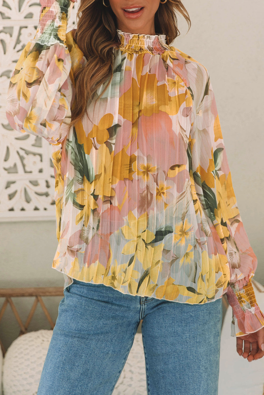 Floral Print Flounce Sleeve Mock Neck Blouse