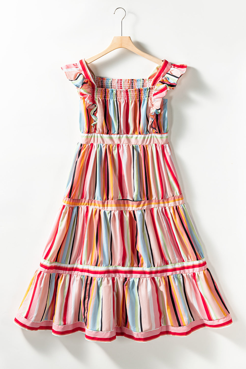 Rainbow Stripe Ruffles Ruched Tiered Dress