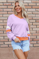 Contrast Rib Knit Patchwork Drop Shoulder V Neck Sweatshirt