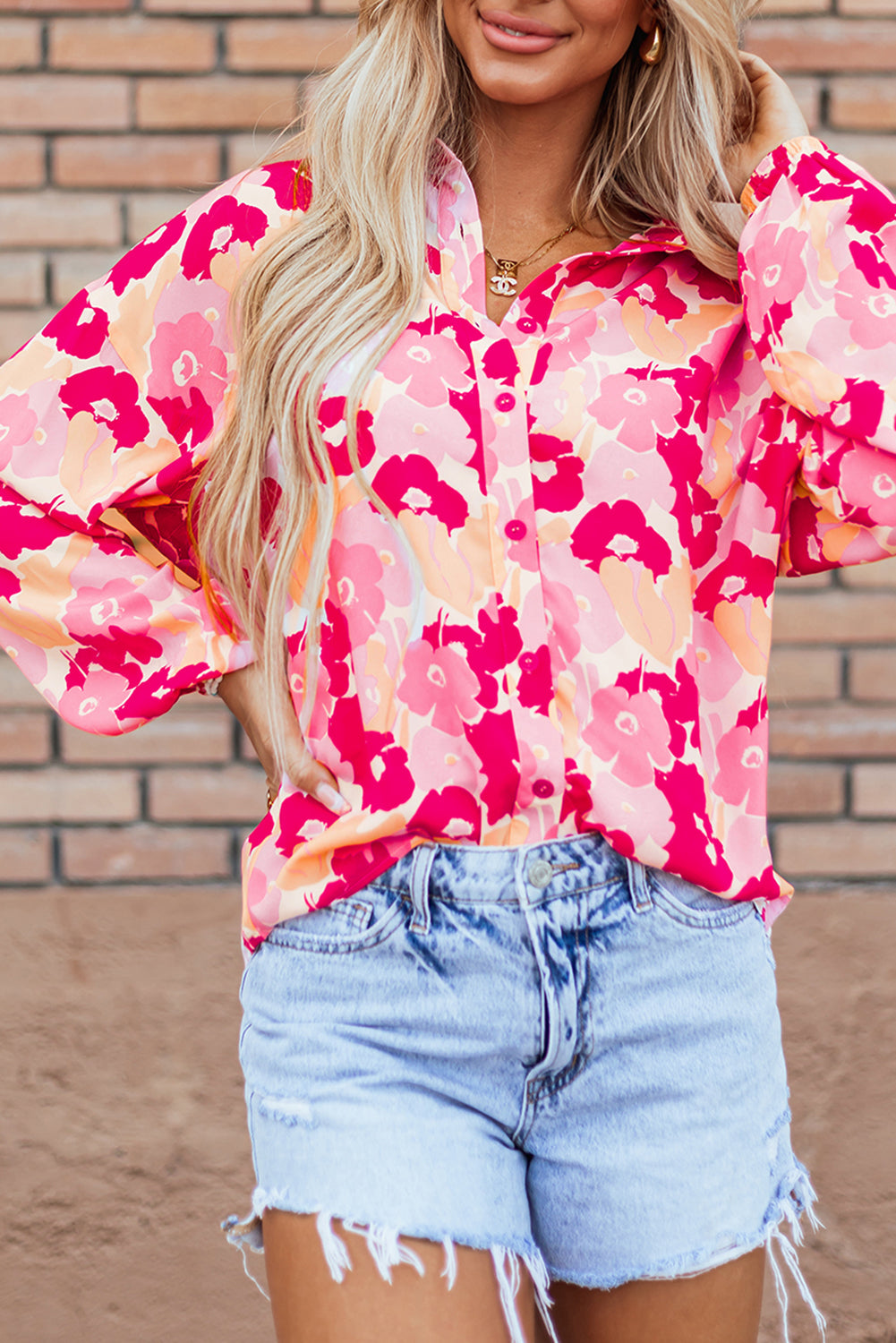 Blooming Floral Print Puff Sleeve Buttoned Shirt