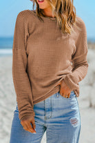 Waffle Knit Drop Shoulder Long Sleeve Top