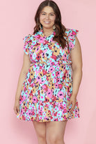 Floral Ruffled Cap Sleeve Plus Size Mini Dress