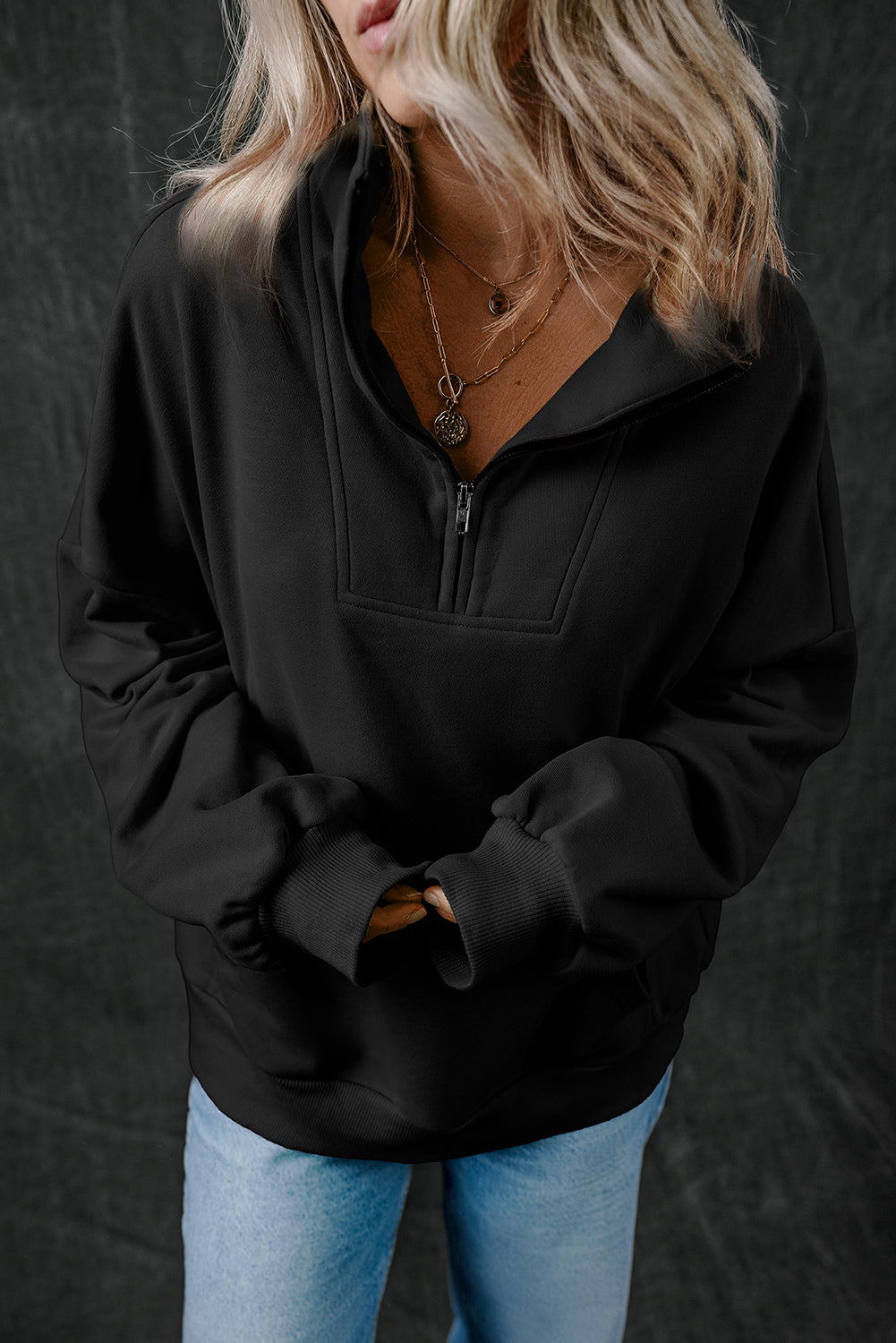 Zip-up Stand Neck Kangaroo Pocket Sweatshirt