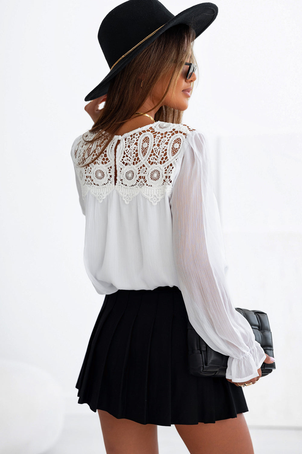 Lace Patch Sheer Flounce Sleeve Blouse