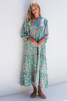 Abstract Print Puff Sleeve Tied Notched Neck Long Dress