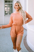 Orange Ribbed Drawstring Waist Long Sleeve Romper