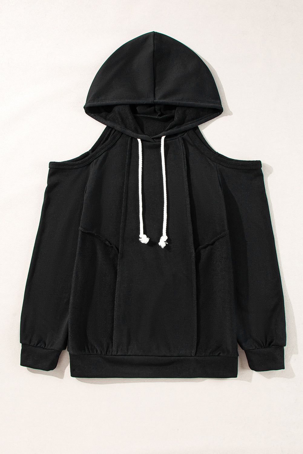 Exposed Seam Cold Shoulder Drawstring Hoodie